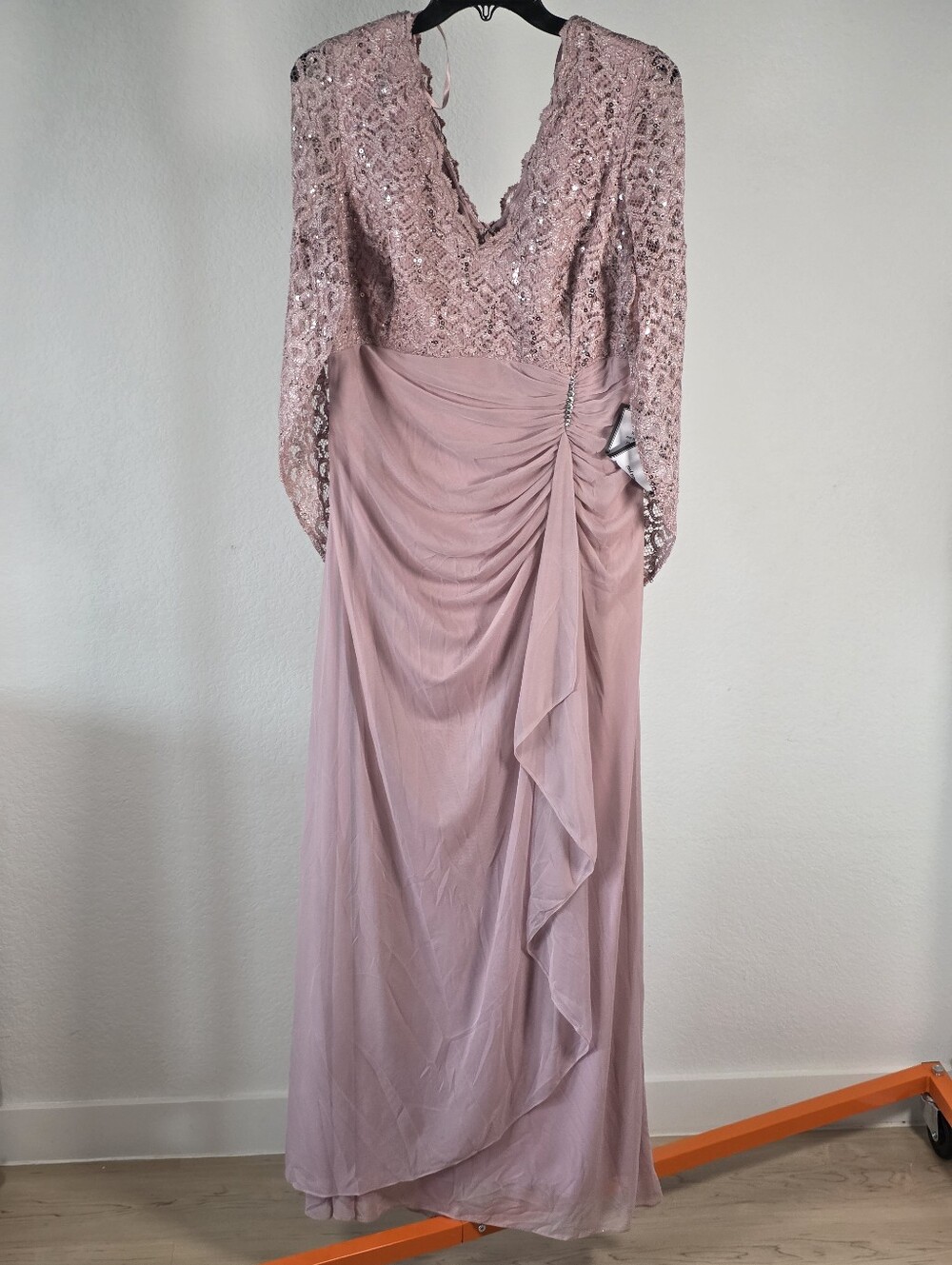 Betsy & Adam NWT $189 Pink Sequin Lace Long Sleeve Formal Maxi Gown Size 16 - Picture 2 of 10